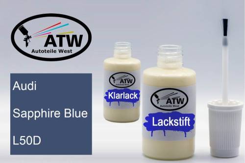 Audi, Sapphire Blue, L50D: 20ml Lackstift + 20ml Klarlack - Set, von ATW Autoteile West.